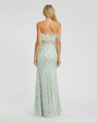 Green Strapless Feather Bustier Gown with Embroidery