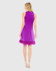 Purple Feathered Hem High Neck Sleeveless Trapeze Dress