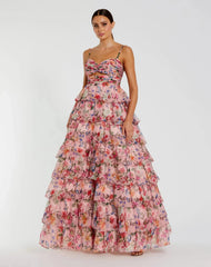 Pink Floral Cut Out Ruffle Tiered Gown