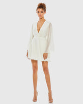 White Solid Flowy V Neck Illusion Sleeve Mini Dress