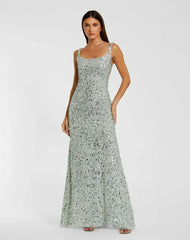 Green Sequined Low Back Slip Gown