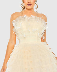 Beige Feathered Strapless Tulle Fit and Flare Dress - FINAL SALE