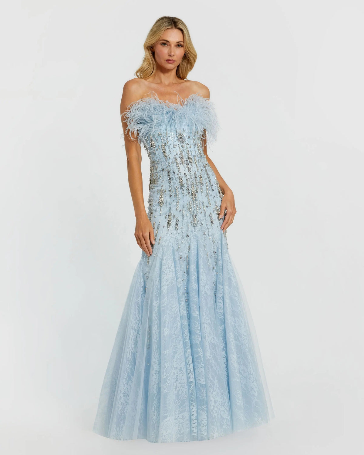 Blue Feather Embellished Strapless Trumpet Gown