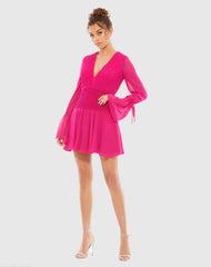 Pink Pleated Bell Sleeve Chiffon Mini Dress