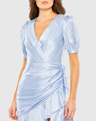 Blue Short Puff Sleeve Faux Wrap Mini Dress