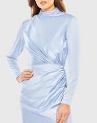 Blue Mock Neck Draped Long Sleeve Mini Dress