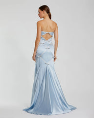 Blue Strapless Satin Trumpet Dress With Bow Details