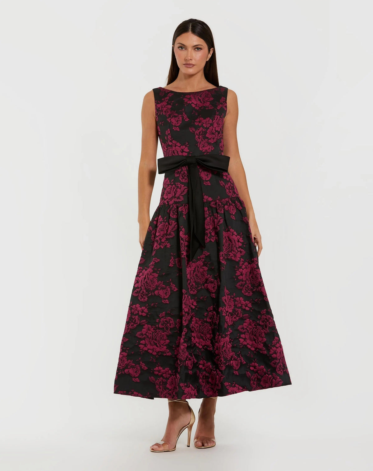 Black Brocade Drop Waist Midi Dress With Satin Bow