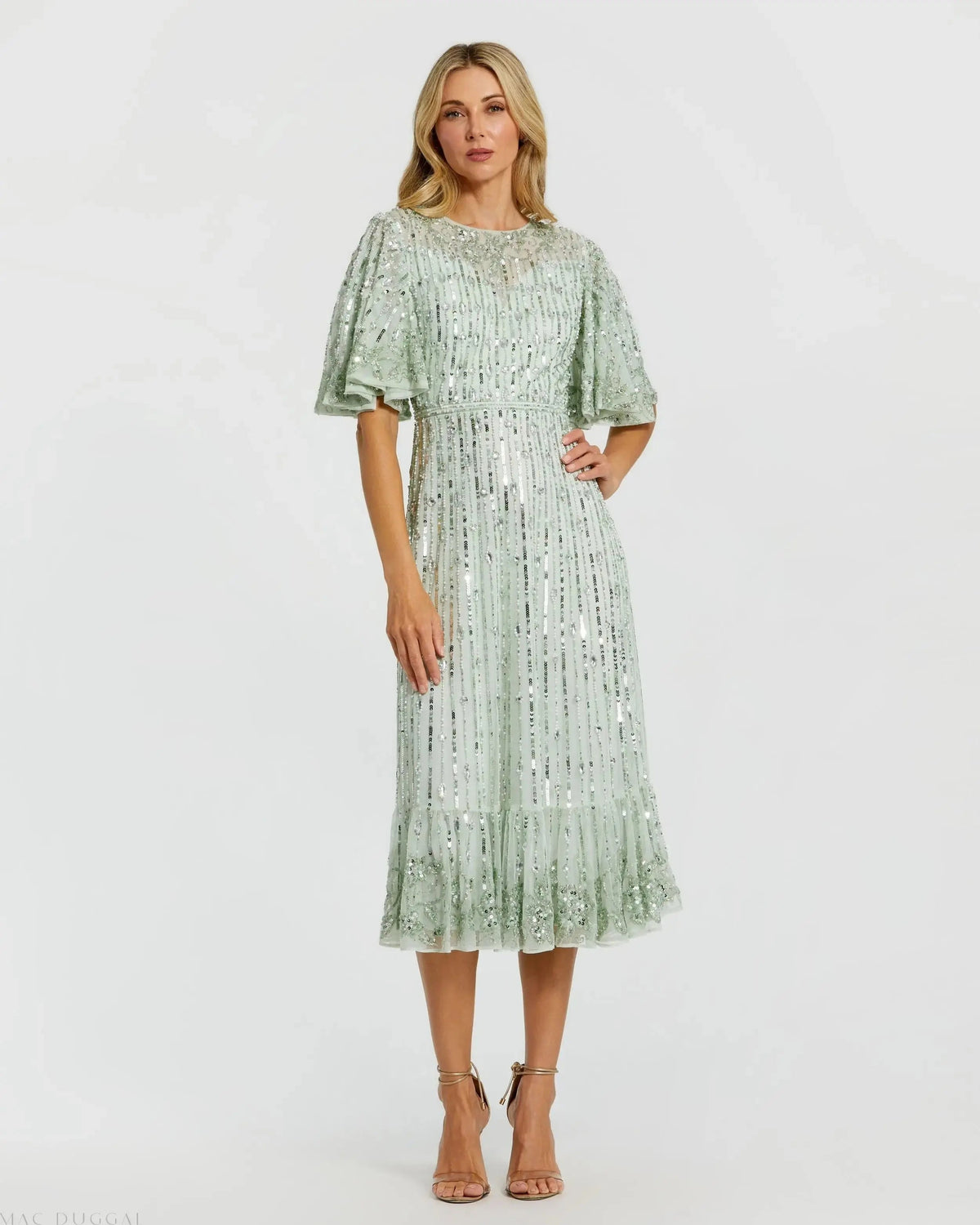 Green Flounce Sleeve Midi Dress