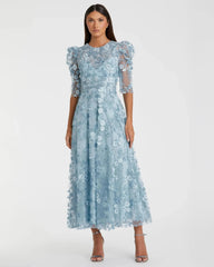 Blue Applique High Neck Puff Sleeve A Line Dress