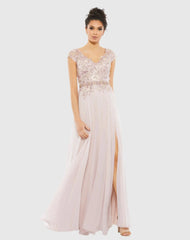Pink Embellished Cap Sleeve Bodice Flowy Gown