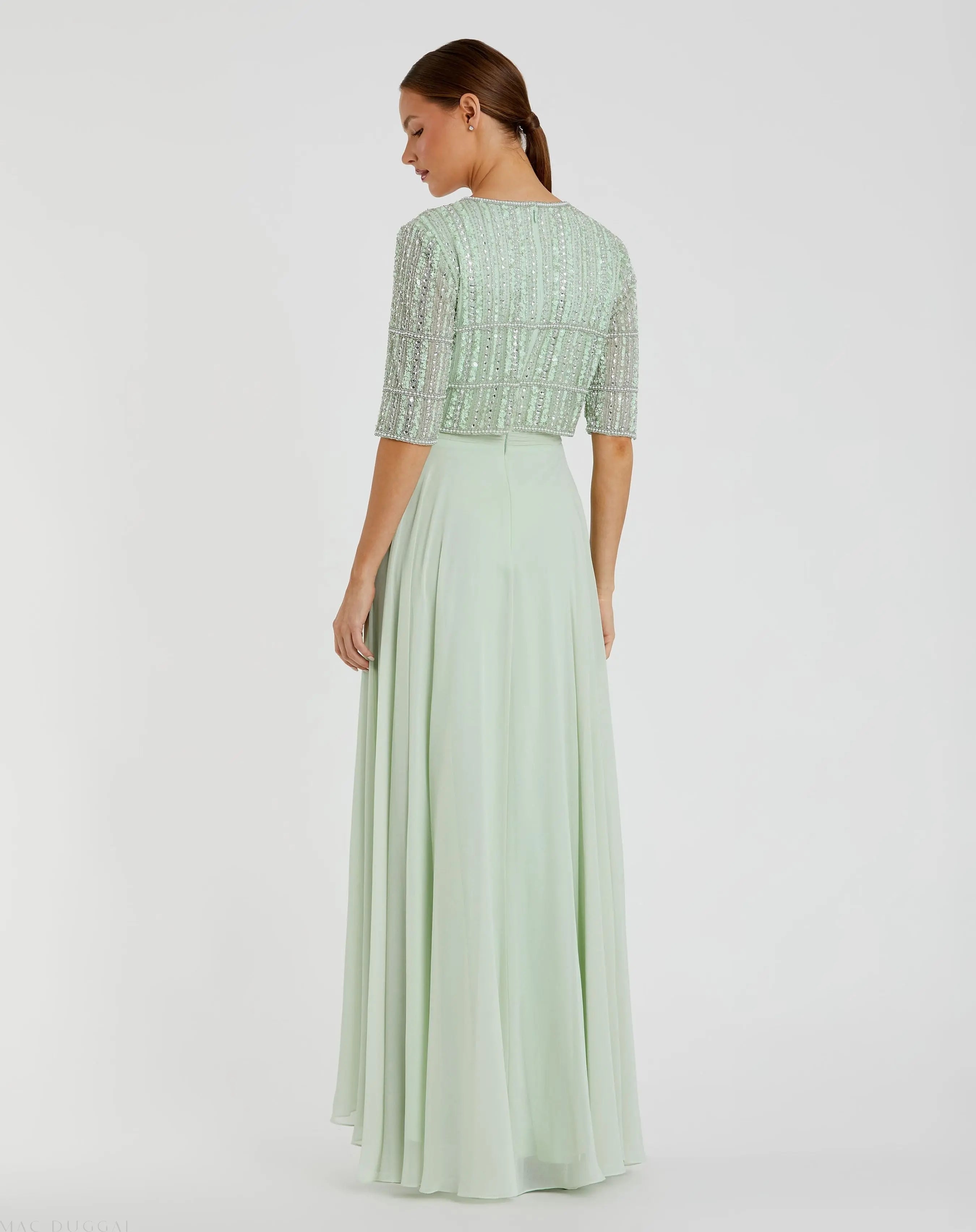 Green Chiffon Gown w/ Fully Beaded 3/4 Sleeve Top
