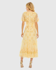 Yellow Floral Embellished Flutter Sleeve Tiered Dress