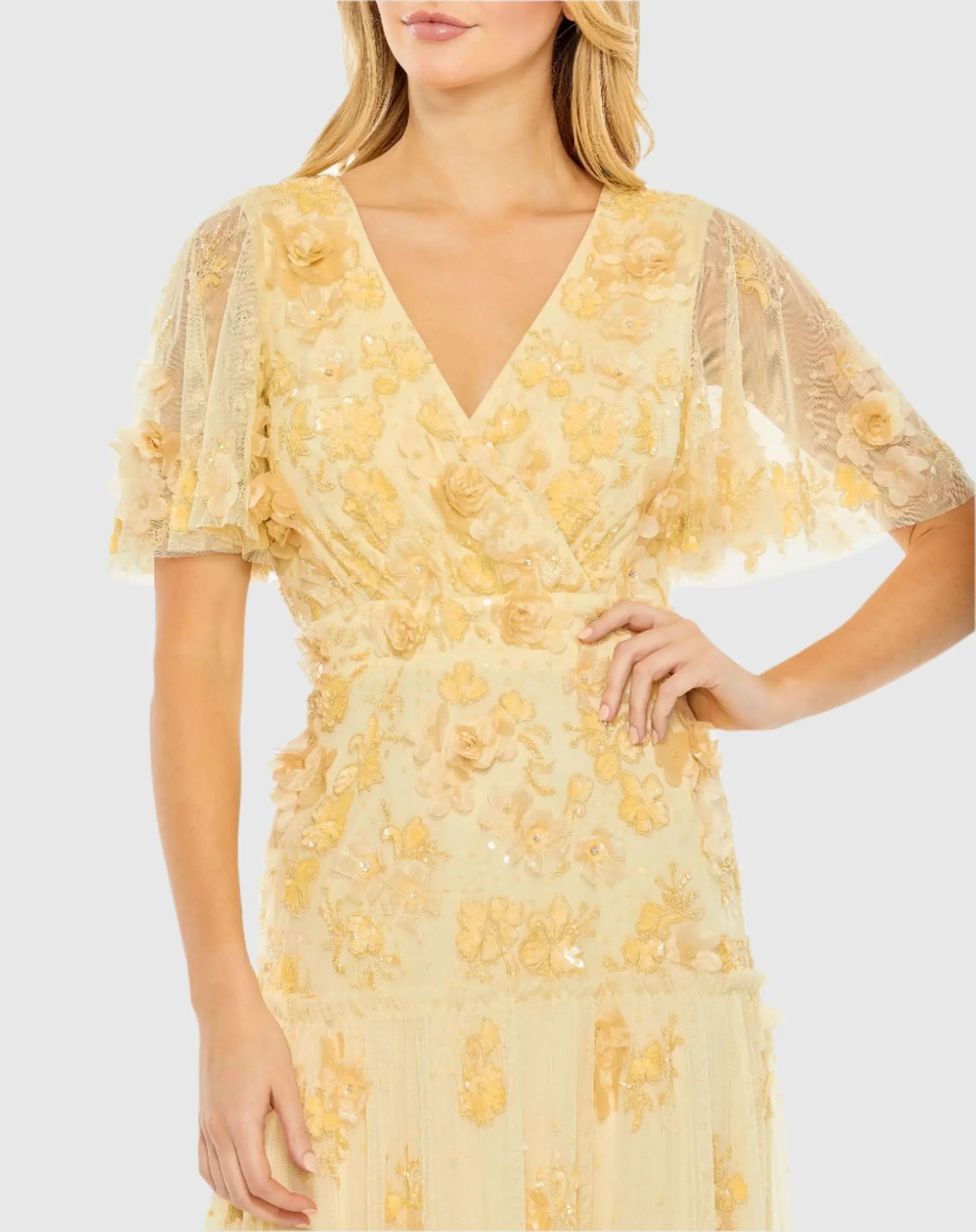 Yellow Floral Embellished Flutter Sleeve Tiered Dress