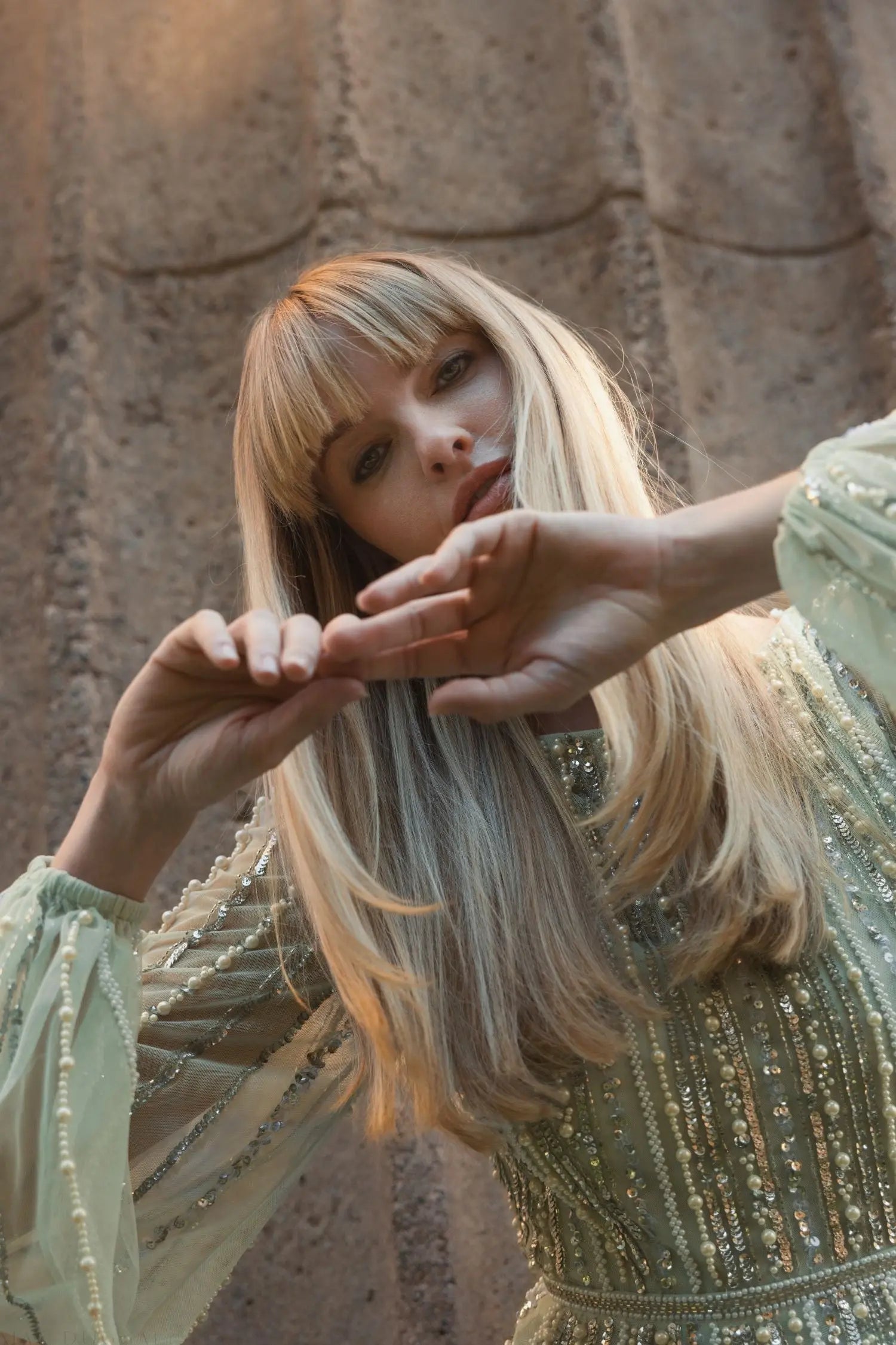 Green Boat Neck Long Sleeve Beaded Gown